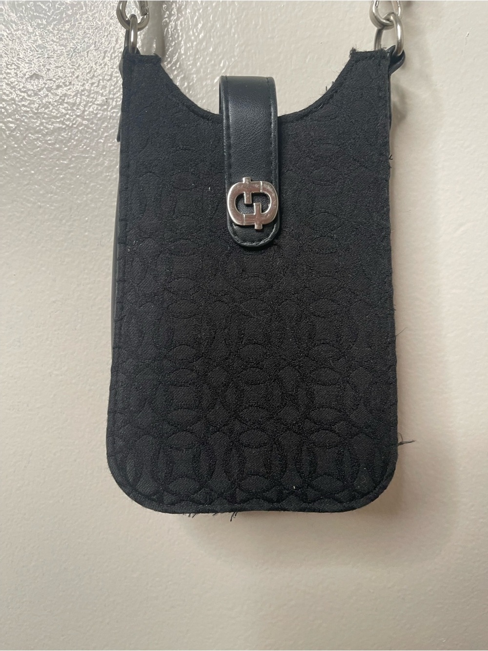 Black Quilted Crossbody Phone Pouch with Silver Hardware